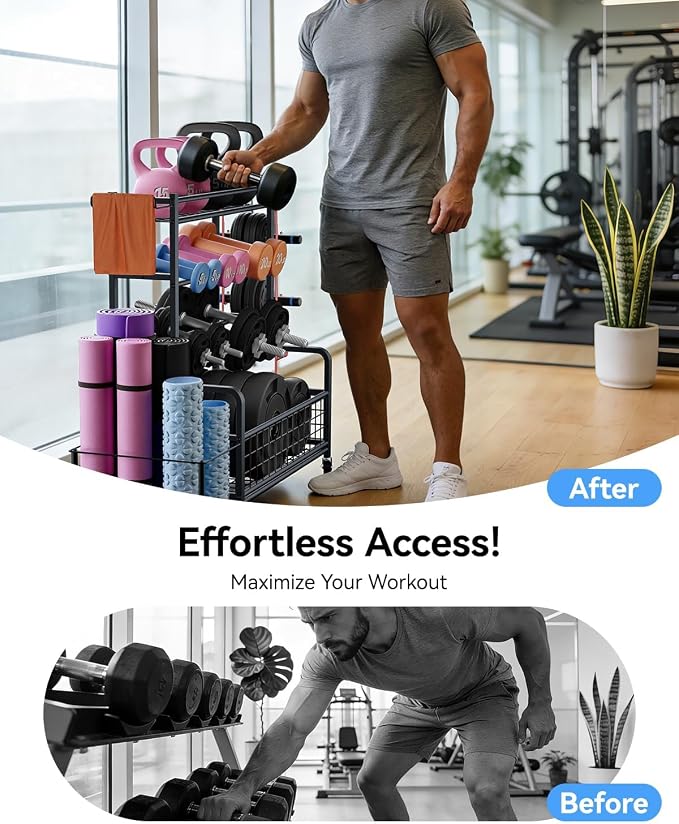 4 Tiers Large Capacity Dumbbell Rack [Thickened High-Strength Steel] Home Gym Storage for Dumbbells Kettlebells Yoga Mat and Balls, All in One Workout Storage Rack with Wheels and Hooks