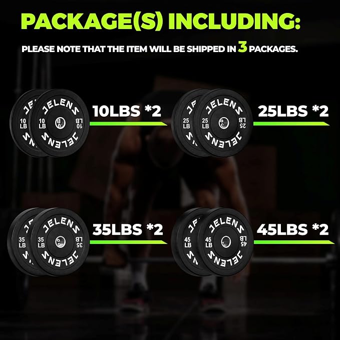 JELENS Olympic Barbell Weight Plates Set, 2-Inch Black/Colored Rubber Bumper Plate Weight Set for Strength Training and Weightlifting, Multiple Options