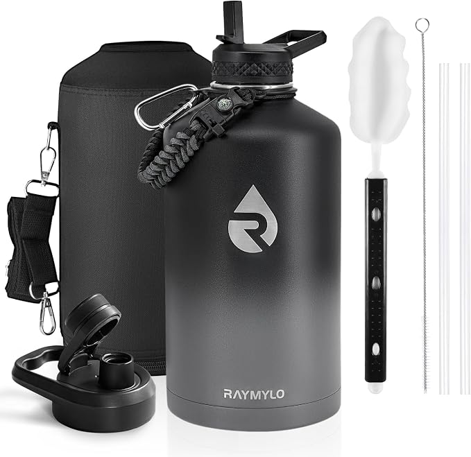 RAYMYLO One Gallon Water Bottle Insulated, Triple Walled Vacuum Stainless Steel (Cold for 48 Hrs), Leak Proof & Non-BPA, Large Water Flask Jug with Paracord Handle & Straw Spout Lids