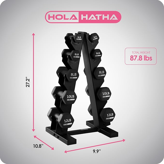 HolaHatha 1, 2 and 3 lb Neoprene Dumbbell Strength Training Weight Set with Rack