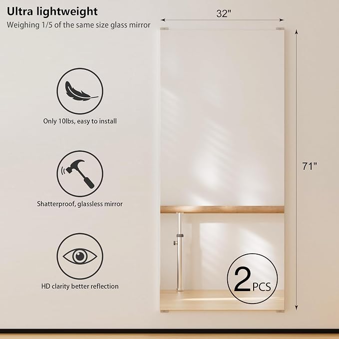 2PCS Full Length wall Mirror, 71" x 32", Nano Film Surface Without Glass, shatterproof, Safe, Lightweight, only 10lbs Easy to Move and Install, for Home Gym, Dance Studio, Yoga Studio.