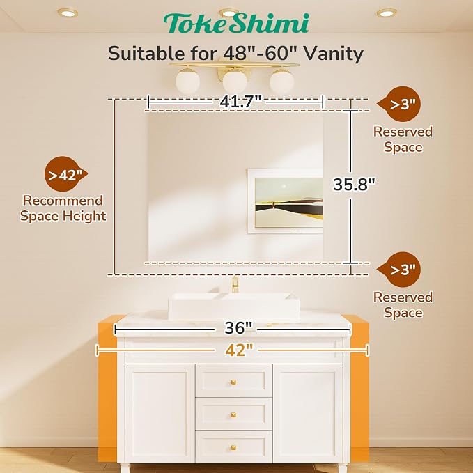 TokeShimi 42x36 Frameless Bathroom Mirror, Vanity Bathroom Mirror for Wall Shatterproof Modern Rectangle Mirrors for Bedroom, Living Room, Entryway, Home Gym, Entryway