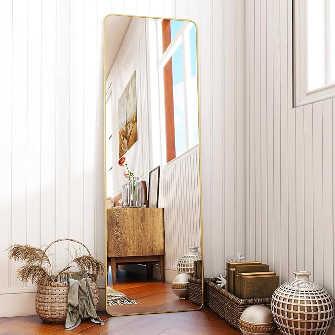 BEAUTYPEAK 59" x 16" Rounded Corner Full Length Mirror with Stand, Gold | Aluminum Alloy Frame with Standing, Leaning, or Wall-Mounted, Ideal for Bedroom, Dressing Room, Entryway, and Living Room