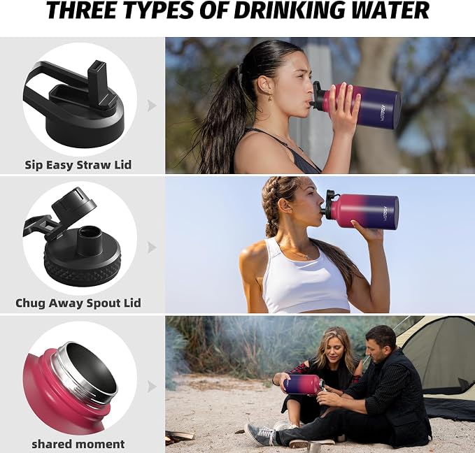 64oz Insulated Water Bottle (Cold for 48 Hrs),BPA Free&Leak Proof,Half Gallon Stainless Steel Water Flask,Water Jug with Straw Spout Lids for Gym,Hiking,Camping,Red Purple