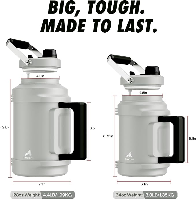POWCAN 64 oz Insulated Water Bottle, 2-in-1 Straw Spout Lid, Dual Handle, Leakproof, Keep Cold 48H, Half Gallon Stainless Steel Water Jug for Travel, Gym, Work, Trip, Hiking, Workout, Picnic (Frost)