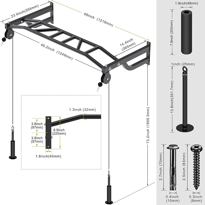 SELEWARE 48'' Heavy Duty Wall Mount Pull Up Bar with Cable Pulley System | Multi-function Chin up Bar with Cable Pulleys LAT Pulldown Attachments Heavy Bag Hanger for Home/Garage Gym Strength Training