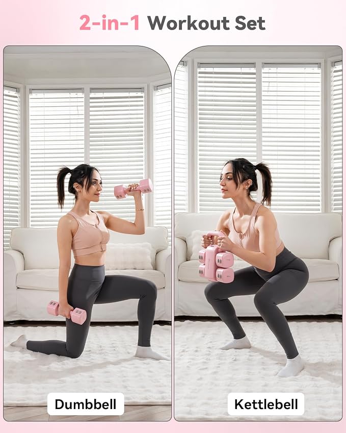 2-in-1 Adjustable Dumbbell & Kettlebell Set for Women (1.1-12.1 lbs), Quick-Change Free Weights for Home Gym, Pilates & Full Body Workout