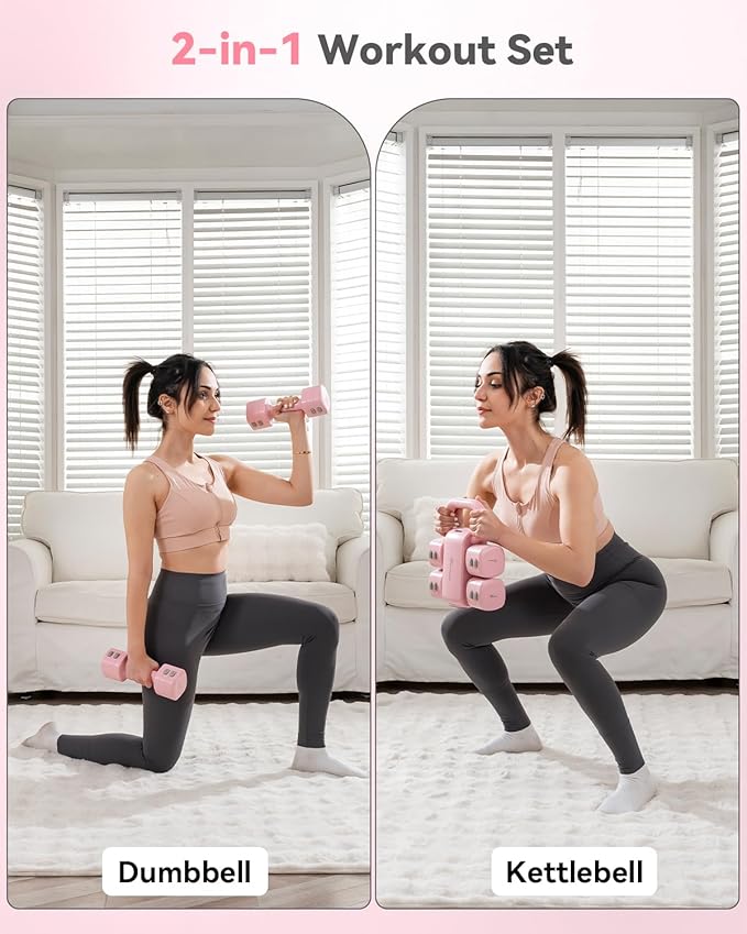 2-in-1 Adjustable Dumbbell & Kettlebell Set for Women (1.1-12.1 lbs), Quick-Change Free Weights for Home Gym, Pilates & Full Body Workout