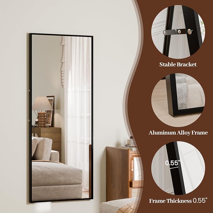 57"×20" Full Length Mirror, Shatterproof Tempered Glass Floor Mirror, Alum Alloy Thin Frame Standing Mirror with Freestanding/Leaning/Wall Mount for Bedroom, Living Room & Entryway, Black
