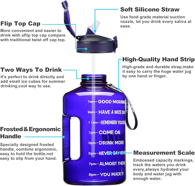 SLUXKE 1 Gallon Motivational Sports Water Bottle with Time Marker, BPA Free 128oz Leak Proof Jug, Black, Plastic, 128 ounces, Fitness, Sports, Outdoor Activities