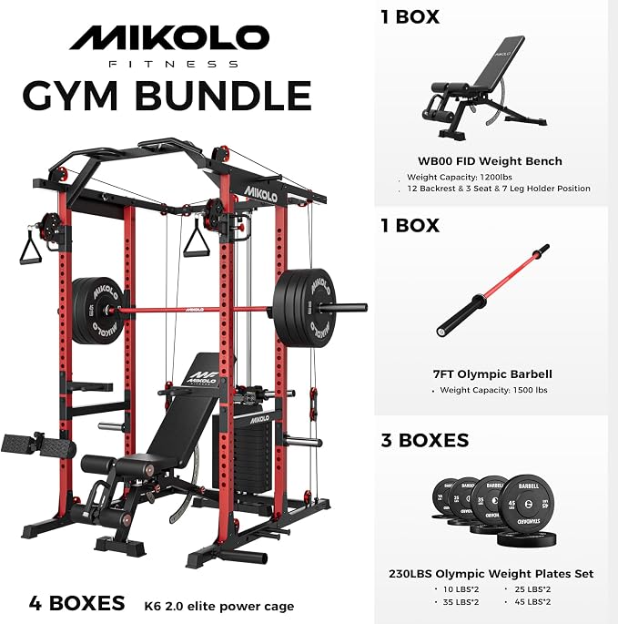 Mikolo K6 2.0 Power Cage, Power Rack with Cable Crossover System, 2000LBS Squat Rack with LAT Pull Down System, Functional Trainer with Aluminum Pulley System for Home Gym