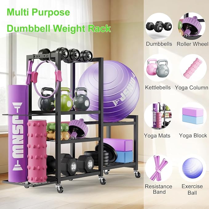 6-Tier Multi-Functional Home Gym Storage Rack with Wheels and Hooks, Adjustable Weight Rack for Dumbbells Kettlebells Yoga Mat and Balls, Space Saving Workout Equipment Storage Organizer