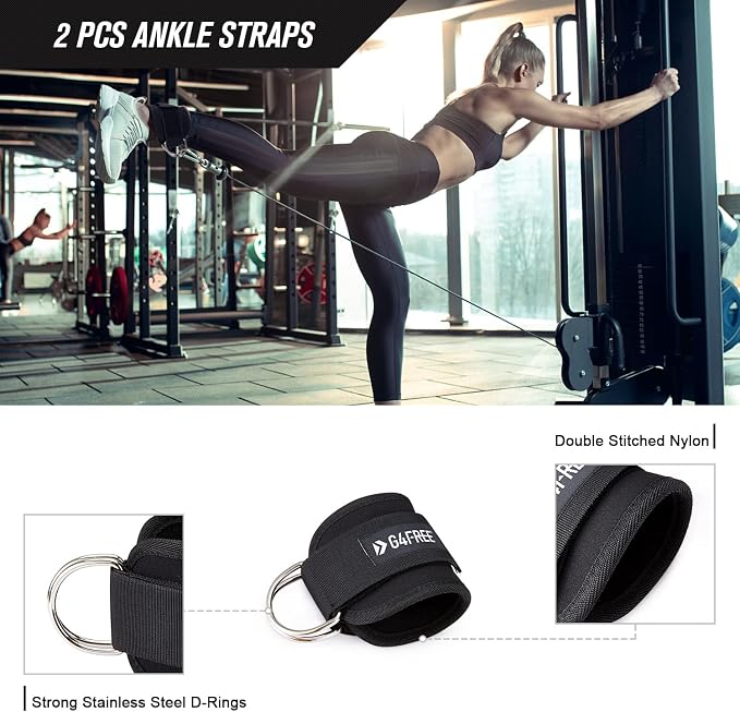 G4Free 7/9Pcs Barbell Pad Set for Squat, Hip Thrusts, Lunges, Leg day | Standard Olympic Bars with 2 Gym Ankle Safety Straps, 3 Hip Resistance Bands, 2 Lifting Strap, Barbell Pad, and Carry Bag