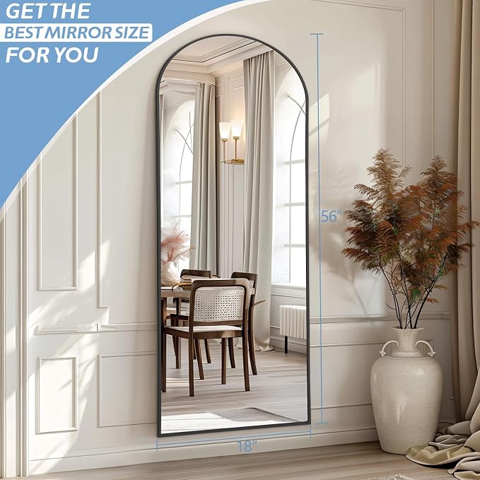 MirrMuse 56"x18" Arched Full Length Mirror, Black Floor Mirror with Stand | Hanging or Leaning Against Wall, Tempered Glass, Full Body, for Bedroom Living Room, Aluminum Alloy Frame