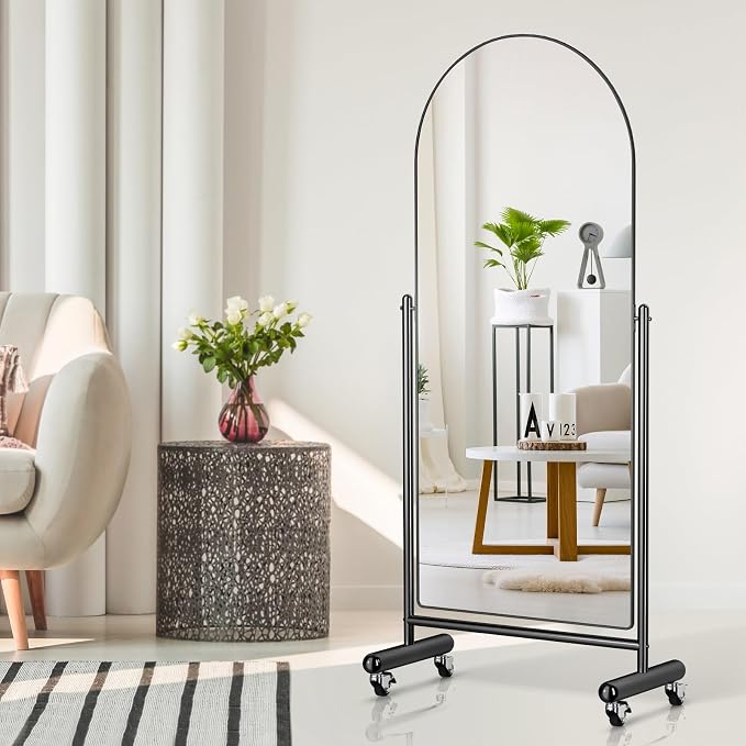 Modern Arch Mobile Floor Mirror, 65"L x 23"W, Black Metal Frame, Tilting, Rolling Wheels