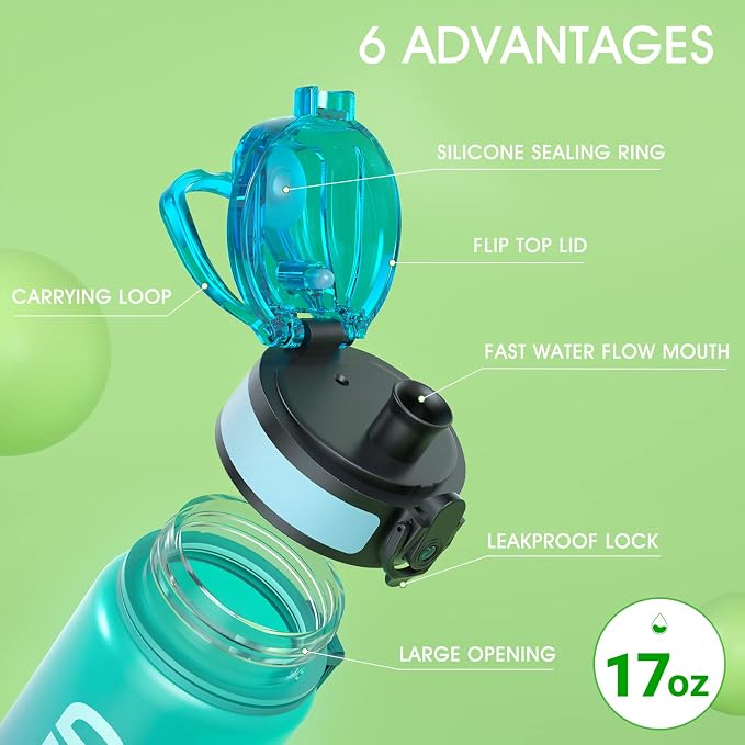 Sahara Sailor Water Bottle 17oz, Tritan Sports Bottle with Time Marker | Bpa Free, Leakproof Wide Mouth With Fast Flow Lid And Cleaning Brush, For Gym School Office Travel, 1 Count
