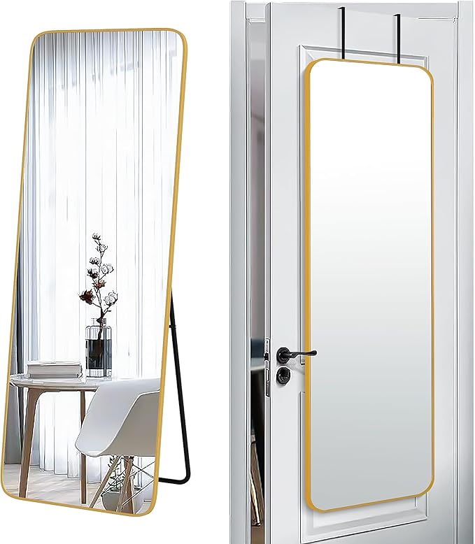 SCWF-GZ 57x20 Full Length Mirror Over The Door Hanging, Floor Stand/Wall Mounted Aluminum Alloy Frame Dressing Mirror for Bedroom Living Room 57 inch Gold