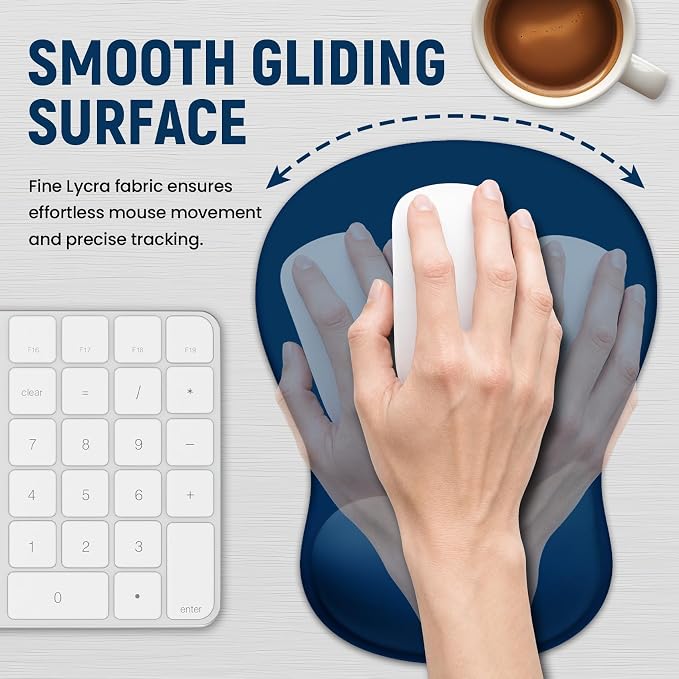 Ergonomic Mouse Pad with Wrist Rest, Gel Wrist Support, Navy Blue | 10.2 x 7.6 in Mouse Pad with Smooth Fabric Surface and Non-Slip Rubber Base for Office, Home, Study, and Gaming