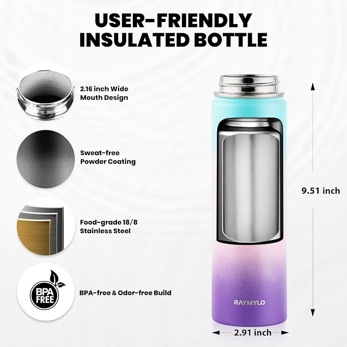 RAYMYLO Insulated Water Bottle 20 oz, Triple Wall Vacuum Stainless Steel | (Cold for 24Hrs, Hot for 12Hrs), Leak Proof & Non-BPA, Modern Water Bottle Jug for School with Straw Spout Lids