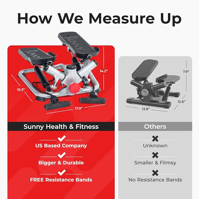 Sunny Health & Fitness Twist Stair Stepper with Resistance Bands | Low-Impact, Side-Twist Motion, Adjustable Step Height, Hydraulic Resistance, SunnyFit App, Up to 350 lb Capacity