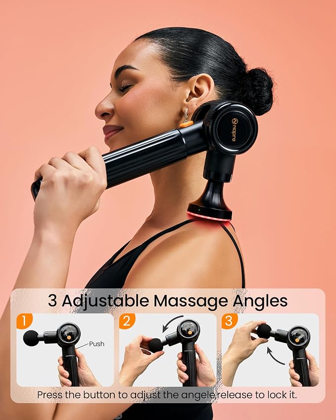 NAPRE Massage Gun with Heat,Massage Gun Deep Tissue with Extension Handle | Handheld Percussion Muscle Massager for Back Neck Pain Relief,3 Adjustable Angles,5 Speeds,6 Heads,Case,Black