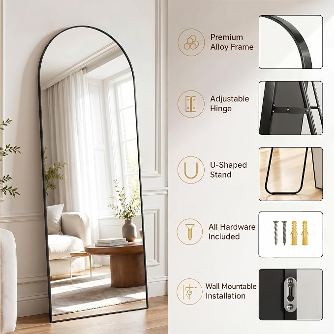Antok Full Length Mirror, 90"x46" Floor Mirror with Stand, Hanging Mounted Mirrors for Bedroom, Living Room, Cloakroom, Dining Room, Black, Arched