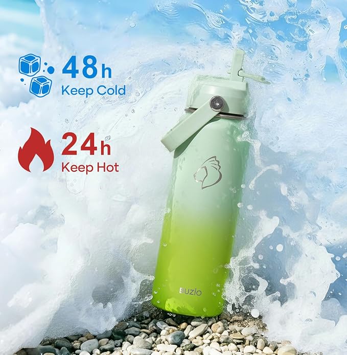 BUZIO 24 oz Insulated Water Bottle, Stainless Steel Wide Mouth Water Flask with Straw Lid, Cold for 48 Hrs Leak Proof Metal Hydro Thermo Canteen Mug, Gradient Green