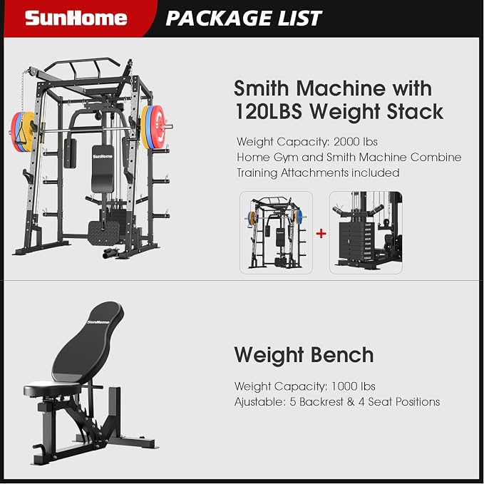 SunHome Smith Machine, 2000LBS Power Cage Squat Rack with Smith Bar, LAT Pull-Down Systems, Cable Crossover Machine for Home Gym