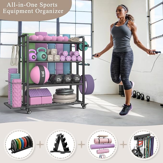 4-Tier Weight Rack for Home Gym with Wheels and Hooks | Adjustable Gym Storage Rack for Dumbbells Kettlebells Yoga Mat, All-in-One, Space Saving, Heavy Duty Steel, Easy to Assemble