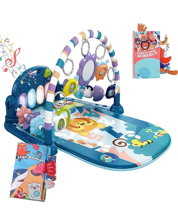 dearlomum Blue Tiger Baby Play Mat Gym with Piano & 2 Baby Book Toys | Tummy Time Activity Mat with 5 Infant Sensory Toys, Music and Lights, Boy & Girl Gifts for Newborns 0 to 3 6 9 12 Months