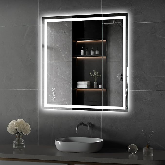 Koonmi 32x30 LED Bathroom Mirror with Light, Anti-Fog, 3 Colors | Backlit + Front Lit, Dimmable Brightness, Shatterproof HD Distortion-Free Tempered Glass, Hardware Included