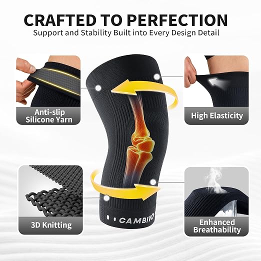CAMBIVO Knee Brace for Women and Men (2 Pack), Ultra-Thin Lightweight Knee Compression Sleeve (Black, Medium)