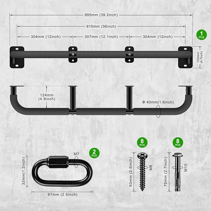 SELEWARE 32"/36" Wall Mount Pull Up Bar Joist Mount Chin Up Bar for Doorway | Heavy Duty Steel Construction Support 450 lb, w/Resistance Band Hooks, Fits 32"/36" Wall Studs for Home Gym Strength Training
