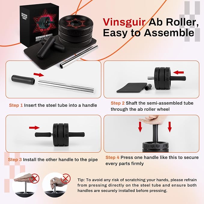 VINSGUIR Ab Roller Wheel, Abs & Core Workout Equipment for Home Gym with Knee Pad Accessories, Abdominal Wheel for Full-body Strength Training