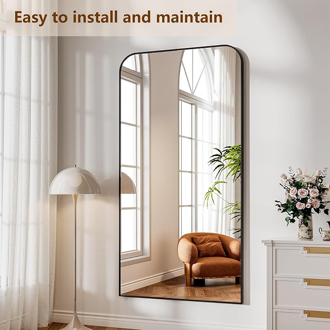 Koonmi Full Length Mirror, 76"x34" Mirror Full Length with Stand | Domed Top Square-Edged ShatterProof Floor Mirror with Black Aluminum Alloy Frame for Bedroom Living Room Home Gym