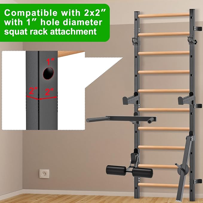 Kipika Gymnastic Wood Stall Bar, 2"x2" Swedish Ladder with 1" Hole | Wall Mounted Pull-up Bar Ladder Suspension Trainer, Solid Wood Grips Gymnastics Training Bar for Home, Wall Gym, School