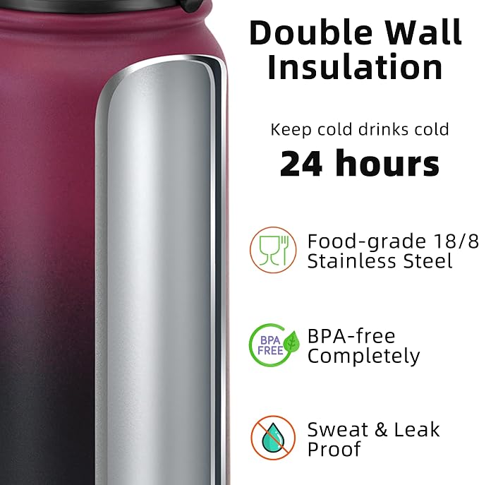 Fanhaw 20 oz Insulated Stainless Steel Water Bottle with Anti-Dust Chug Lid, Leakproof Vacuum Metal Everyday Use Bottle for Kids, Teens & Adults, Back to School Essentials (Red Black)