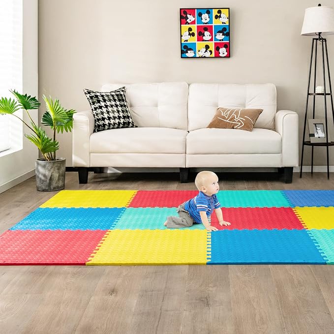 Tangkula 24 Tiles Exercise Flooring With Border, Non-Slip EVA Foam Protective Mats, Elastic Puzzle Play, 1/2" Interlocking Floor for Home Gym, Fitness Room, Workshop Equipment