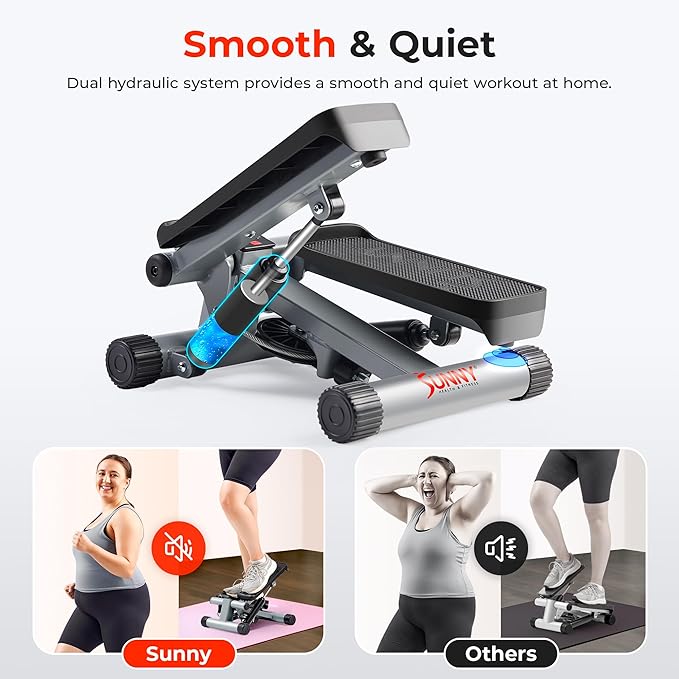 Sunny Health & Fitness Mini Stair Stepper w/Resistance Bands for Home Gym | Full Body Cardio, Adjustable Step Height, Hydraulic Resistance, LCD Meter, No Assembly, 300 lb Capacity, SunnyFit App