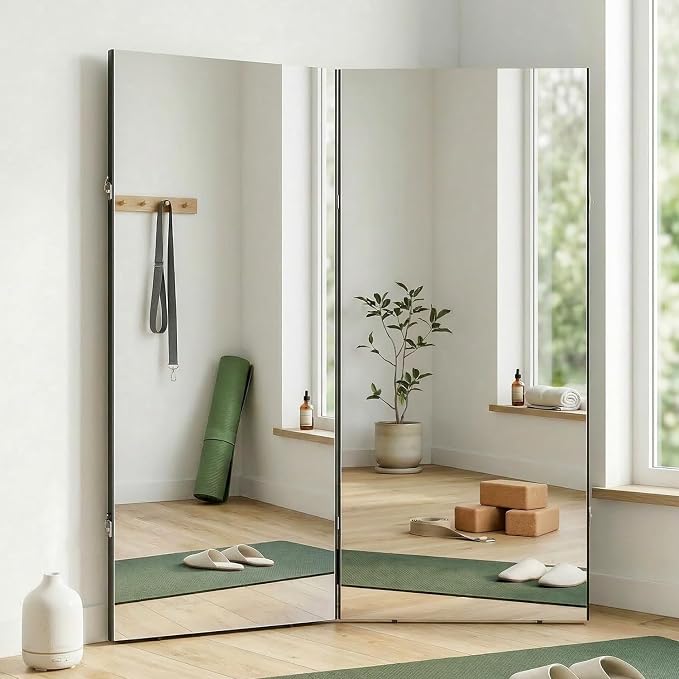 Space-Saving 360° Folding Full Length Mirror, 55" x 67" Oversized Standing/Leaning Mirror, Shatterproof, Lightweight Design for Home Gym, Yoga Studio, Dance Studio, Fitness Studio (Black)