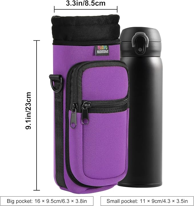 Nuovoware Water Bottle Carrier Bag, 25oz/32oz Bottle Pouch Holder, Adjustable Shoulder Hand Strap 2 Pocket Sling Neoprene Sleeve Sports Accessories for Men/Women Hiking Travelling, Purple