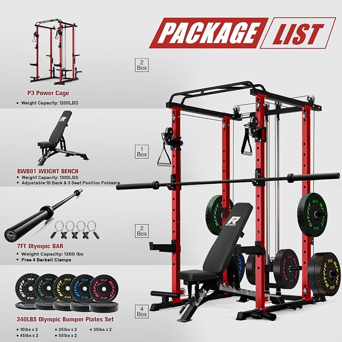 RitFit Power Cage Home Gym Package with Cable Crossover System | 1200LBS Power Rack, Weight Bench, Olympic Barbell & 230LBS Bumper Plates — All-in-One Home Gym