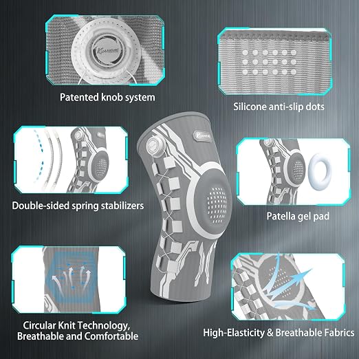 Kuangmi Knob Knee Brace for Pain Relief, Knee Support with Patella Gel Pad & Side Stabilizers, Compression Knee Sleeve for Workout, Arthritis, Joint Pain, Meniscus Tear (Gray White,Left,Large,Single)