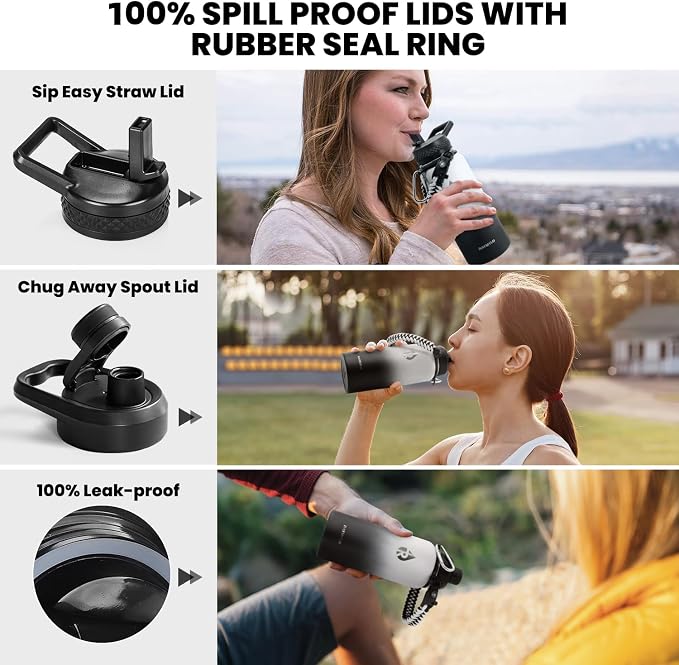 RAYMYLO Insulated Water Bottle 32 oz, Triple Wall Vacuum Stainless Steel | (Cold for 24Hrs, Hot for 12Hrs), Leak Proof & Non-BPA, Modern Water Flask Jug with Paracord Handle & Straw Spout Lids
