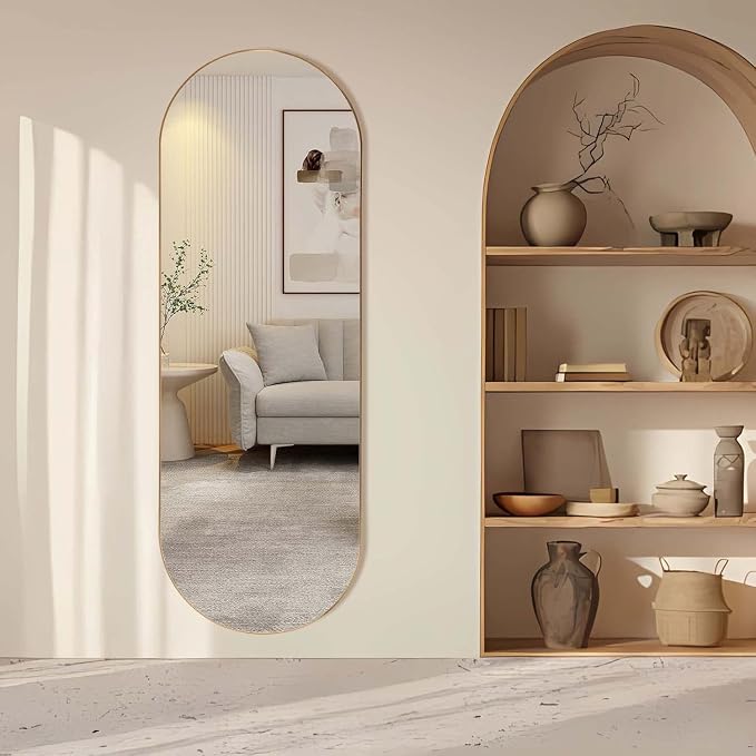 ZHUNFA Arched Full Length Floor Mirror, 65x 22 Oval Mirror with Metal Frame | Large Wall Mounted Arched-Top Body for Living Room, Bedroom, Bathroom, Entryway, Dressing Room, Gold