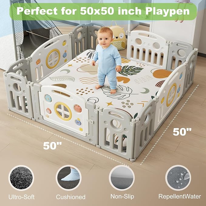 1.3" Thick Baby Play Mat for Floor, Elasti-Foam 50x50 Playpen Mat, Water Repellent Ultra Soft Coral Velvet Tummy Time Crawling Mats for Kid Toddlers Infants, Non-Slip Backing Safe for Earth Tones