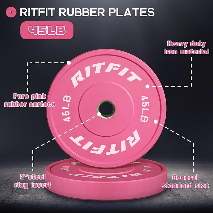 RITFIT Pink Olympic Bumper Plates with Steel Insert for Home Gym | High-Density Rubber with Low Bounce, 2-Inch Olympic Bore with Steel Insert, Pink Color for Strength Training