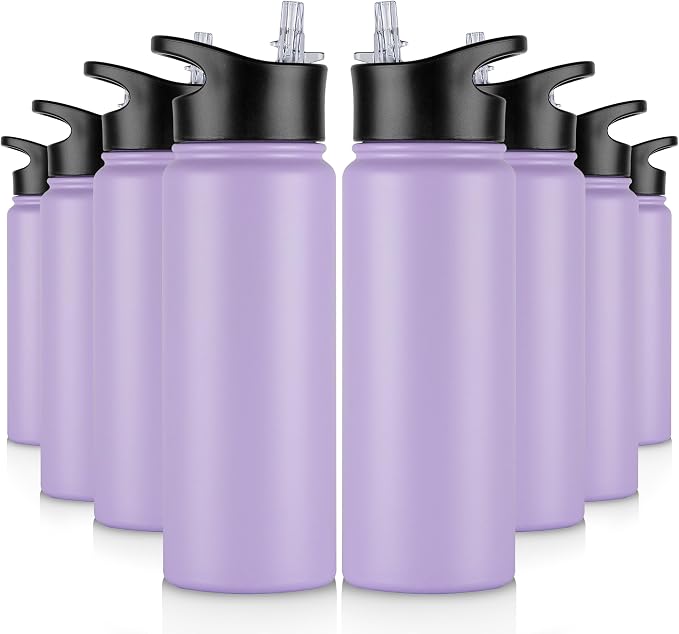 24 oz Insulated Water Bottle Bulk 8 Pack, Stainless Steel Sports Water Bottles with Straw Lid & Wide Mouth Lids, Double Walled Vacuum, Leak Proof, Purple