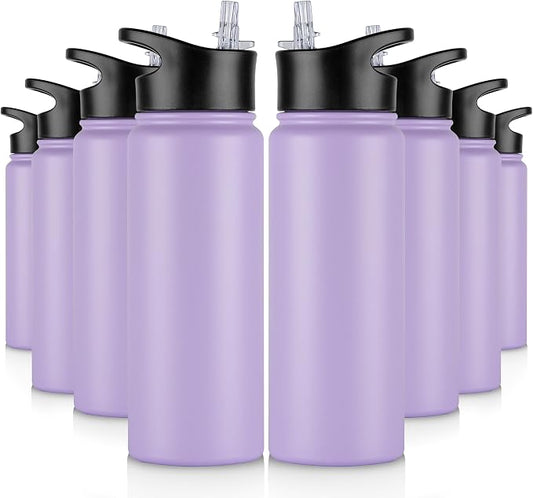 24 oz Insulated Water Bottle Bulk 8 Pack, Stainless Steel Sports Water Bottles with Straw Lid & Wide Mouth Lids, Double Walled Vacuum, Leak Proof, Purple