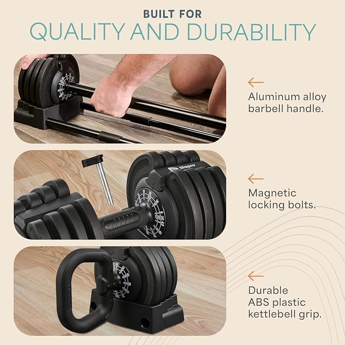 LifePro Adjustable Dumbbells, Single or 2pcs, Up to 55 lbs & 3-in1 option | Quick-change weight system with included rack — available in options from 2.5 to 55 lbs for every fitness level